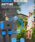 2 Zone WiFi Sprinkler Timer With App Control shown in garden setup, dual outlets, showcasing app and hose attachment for outdoor use