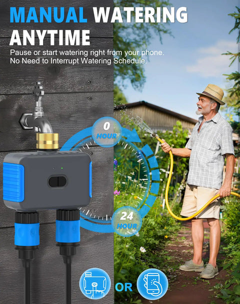 2 Zone WiFi Sprinkler Timer With App Control shown in garden setup, dual outlets, showcasing app and hose attachment for outdoor use