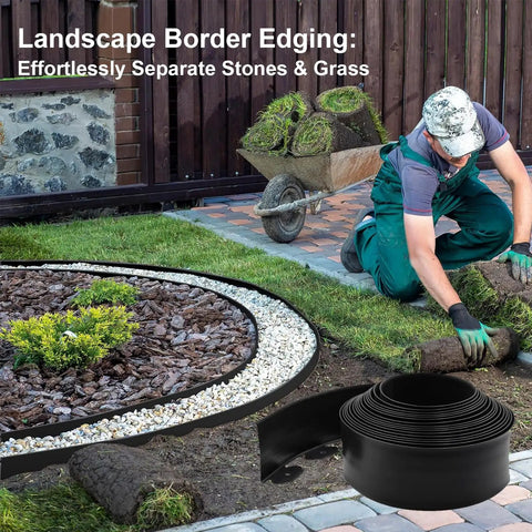 Gardener installing 33 Ft Flexible Paver Edging Kit with 30 Rust-Resistant Stakes, 4 Inch Tall Lawn Border for flower beds and gardens