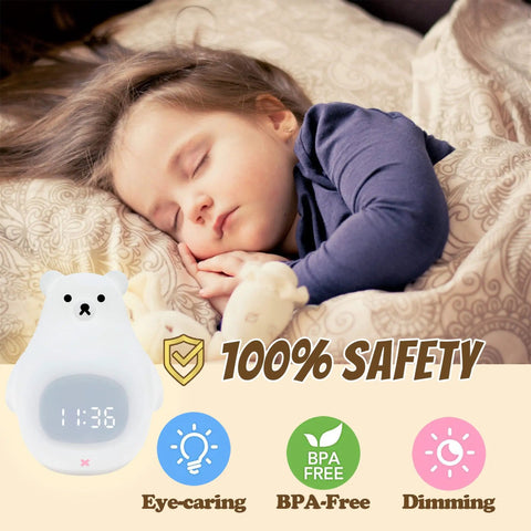 Cute Bear Night Light For Kids, Soft BPA-Free Silicone Nursery Lamp next to sleeping child, showing BPA-Free and dimming features.
