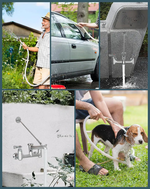 Collage displaying uses of Commercial Mop Sink Faucet With Vacuum Breaker, Wall Mount Utility Sink Faucet, 8 Inch Adjustable Center.