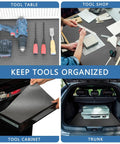 GottaHave TopShelf HeavyDuty Foam Toolbox Drawer Liner NonSlip Tool Organizer Pad Sound DamPenning Workshop Mat ShockAbsorbing Shelf Paper Gray 12 Feet laid out on tool table, cabinet, shop, and trunk.