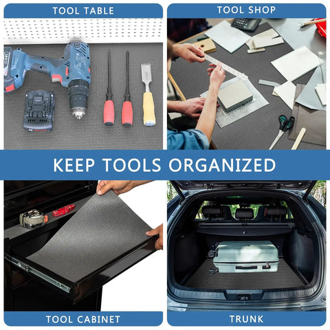 GottaHave TopShelf HeavyDuty Foam Toolbox Drawer Liner NonSlip Tool Organizer Pad Sound DamPenning Workshop Mat ShockAbsorbing Shelf Paper Gray 12 Feet laid out on tool table, cabinet, shop, and trunk.
