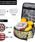 Open Desert Cactus Floral Insulated Lunch Tote with food containers, fruit, and cutlery, showing capacity for office, picnic, and camping.