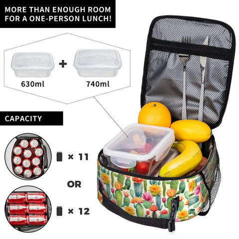 Open Desert Cactus Floral Insulated Lunch Tote with food containers, fruit, and cutlery, showing capacity for office, picnic, and camping.