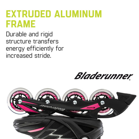 Close-up of black and pink wheels on beginner friendly women's inline skates for fitness and stability with durable aluminum frame.