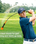 Golfer using Golf Swing Training Aid To Boost Strength Tempo And Flexibility Build Lag And Core Power For Indoor And Outdoor