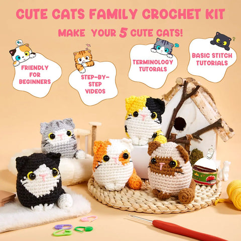 Easy Peasy Beginner Crochet Kit For Amigurumi Cats Five Pack Includes Step By Step Video Tutorials with five amigurumi cats displayed.