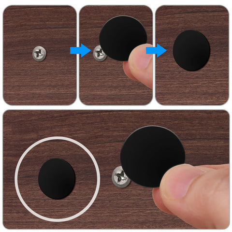 Plastic Self Tapping Screw Cap Covers Set with Self Adhesive Hole Covers for Wood Furniture, Black Finish, application process