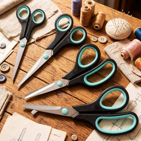Assorted Size Scissors 4 Pieces Set With Heavy Duty Stainless Steel Blades Ambidextrous Comfort Ergonomic Rubber Grip 8.5 Inch 7.5 Inch 6.5 Inch And 5.5 Inch For Home Office School Crafts And Multi Use Cutting. Four scissors on a sewing table