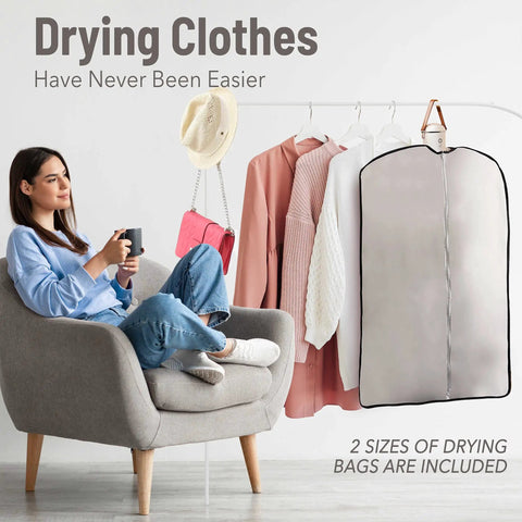 Woman sitting with Portable Electric Clothes Dryer With Shoe Drying Attachment And Foldable Drying Rack and drying bags.