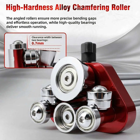Sheet Metal Roller Pro Grade 1-Station Bender for Iron Aluminum Copper Stainless Steel shown with chamfering roller attachment, red