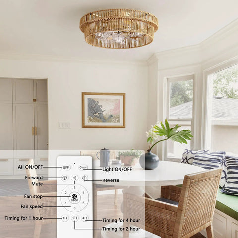 Keep Your Living Area Chill With This Dope Boho Rattan Ceiling Fan With Integrated Light And Flush Mount Low Profile Design Crafted For Smooth Airflow And Cozy Indoor Vibes Every Day in a bright dining area.