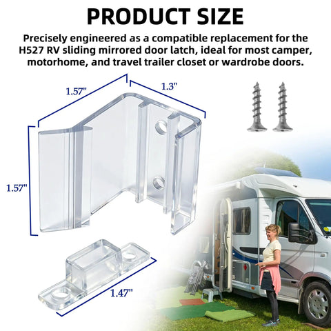 Universal Fit RV Sliding Mirrored Door Latch H527 Replacement for Camper Closet Doors with transparent ABS part sizes shown.