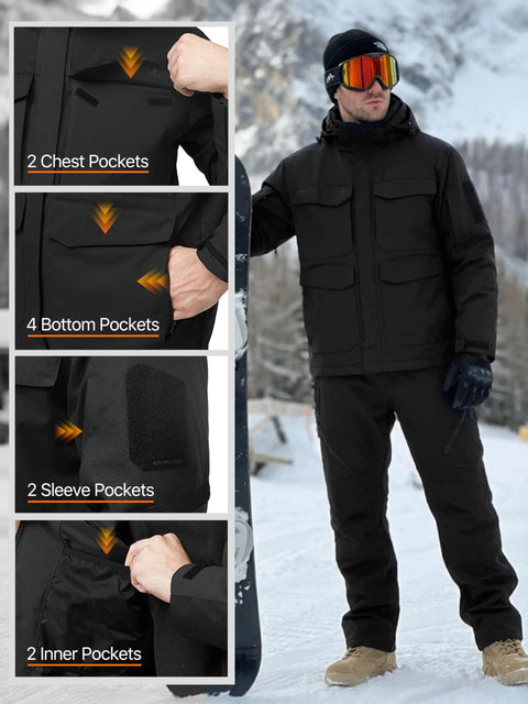 Warm Mens Waterproof Ski Jacket With Plush Insulation And Cozy Lining, Windproof Teflon Outer Shell, multi-pocket design shown