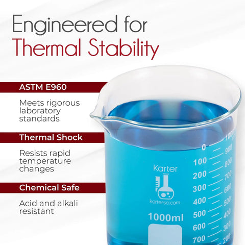 Griffin Low Form 3.3 Borosilicate Glass Beaker 1000 mL with blue liquid, Type I Class A Lab Beaker ASTM E960, thermal and chemical resistant
