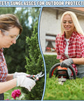 Massive 110 Pair Bulk Kit Of Clear Safety Glasses For Men And Women Featuring Hella Reliable Impact Blocking Shields That Meet Ansi Z87 One Standards For No Sweat Heavy Duty Workplace Eye Protection worn by women gardening and pruning.