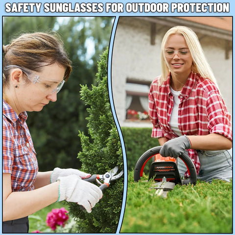 Massive 110 Pair Bulk Kit Of Clear Safety Glasses For Men And Women Featuring Hella Reliable Impact Blocking Shields That Meet Ansi Z87 One Standards For No Sweat Heavy Duty Workplace Eye Protection worn by women gardening and pruning.