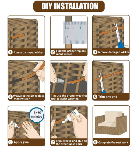 DIY installation steps for Wicker Repair Kit For Patio Furniture High Strength Polyethylene Strapping 130 Ft Mottled Dark Brown