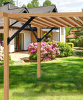 Heavy Duty 2 Pack 45 Degree Angle Brackets For Pergolas And Gazebos shown installed on wood beams in a garden. Black powder coat finish.