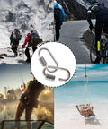 Six Pack Carbon Steel Chain Quick Links with M3 Quick Locking Carabiner shown with outdoor activities: hiking, cycling, fishing, and hammock setup.