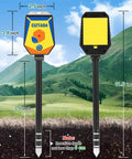 8 In 1 Smart Soil Meter For Moisture PH Light Humidity Fertility EC Salinity And Temperature With Handy App Monitor, front and back view, showing dimensions.