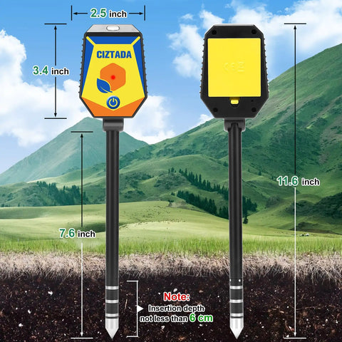 8 In 1 Smart Soil Meter For Moisture PH Light Humidity Fertility EC Salinity And Temperature With Handy App Monitor, front and back view, showing dimensions.