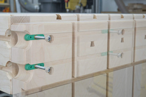 Wooden workbench with Matchfit Dovetail Clamps 2 Pack With Hardware Pack For Dovetail Grooves And One Half Inch 14 Degree Router Bit Profiles