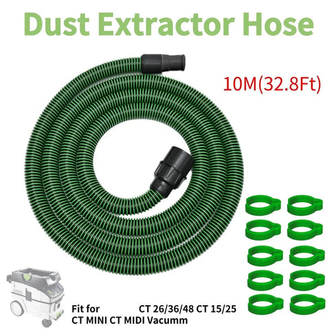 Ultra-Flexible Dust Extractor Hose D27/32mm Compatible With Festool Systems, 10M green hose for dust extraction.
