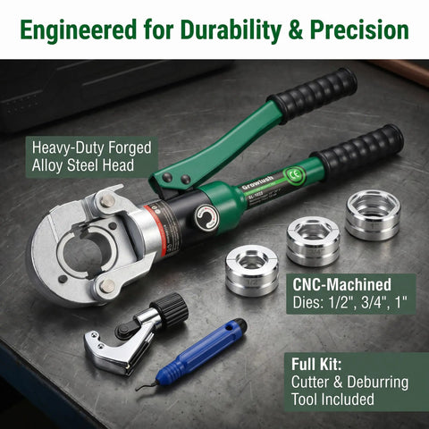Copper Pipe Crimping Tool With Hydraulic Press For Half Inch, Three Quarter Inch, And One Inch Jaws For Copper Tube Fittings, Slim Head Design For Tight Spaces, Leak Free Crimps, Professional Grade Plumber Tool For Pros And DIYers, with 1/2, 3/4, 1 in dies and cutter