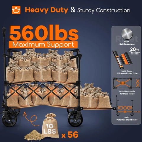 Heavy duty Double Deck Folding Wagon with 54 inch tailgate, 560 lb capacity, showcasing support with stacked sacks