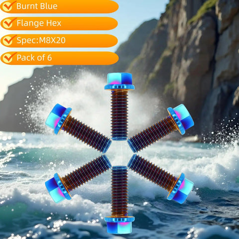 Slick Grade A Titanium Flange Hex Bolts M8 X 20Mm Six Pack Burnt Blue Anodized Finish for hot rods shown in wave background.