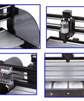 Collage of 3 Axis GRBL Control CNC Wood Router Kit With Offline Controller components including spindle and frame details.