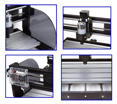Collage of 3 Axis GRBL Control CNC Wood Router Kit With Offline Controller components including spindle and frame details.