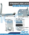 Heavy Duty Zinc Plated Steel Straight Stake Latch Set 30 Pack dimensions displayed with measurements for utility trailers and gates.