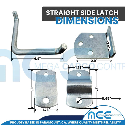 Heavy Duty Zinc Plated Steel Straight Stake Latch Set 30 Pack dimensions displayed with measurements for utility trailers and gates.