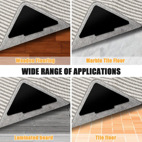 Non Slip Rug Stopper Tape Set 10 Pcs Double Sided Reusable Rug Grippers in use on various floor types with triangle design