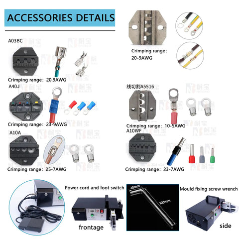 Terminal Crimping Tool With Seven Die Sets For Insulated And Noninsulated Terminals, accessories and components shown