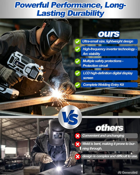 Welder using Compact 110V MMA Welder With LCD Display And IGBT Inverter Portable Arc Welder Gun in contrast to traditional model.