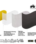 Diagram showing layers of MastaPlasta patch, including yellow peel-off paper, adhesive, cushioning, and soft-touch leather.