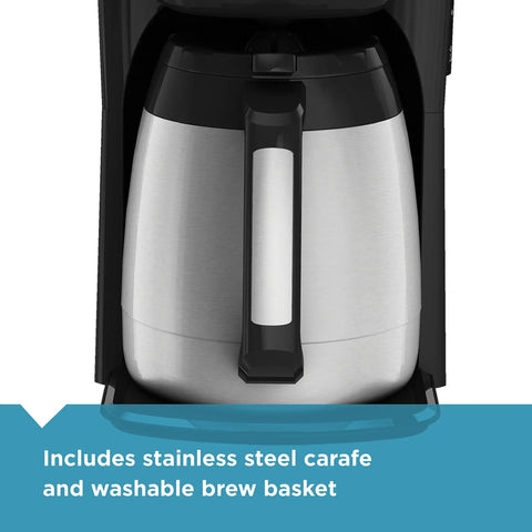 12-Cup Thermal Coffee Maker With Wide Mouth Carafe And No-Drip Pour Spout, Black Silver Finish, showing stainless steel carafe