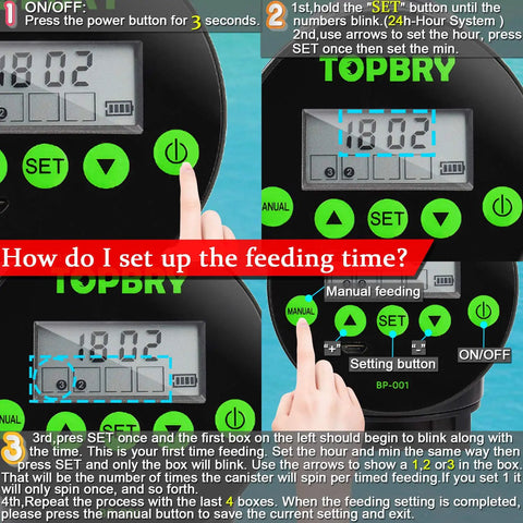 Programmable Automatic Fish Feeder With Digital Timer And Usb Rechargeable Design For Aquarium Tanks display showing setup instructions.