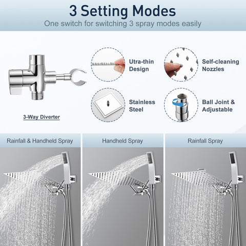 All Metal 12 Inch Rain Shower Head With Handheld Spray Combo Built To Last Waterfall Rain Shower High Pressure Square Heads Easy Adjustable Extension Arm 70 Inch Hose 3 Way Diverter Chrome Finish showing spray modes