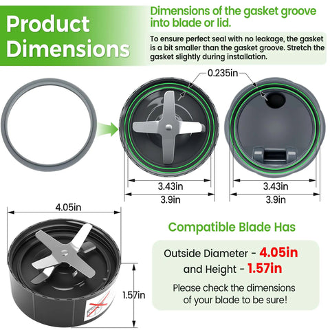Two Pack Replacement Rubber Gasket Seals For 600W And 900W Blenders, Durable Lip Seal Rings Fits NutriBullet Pro 900 Series Cups And Lids, Easy Install, Keeps Blends Smooth And Leak Free, Long Lasting. Rubber gasket dimensions diagram with 4.05in and 1.57in measurements