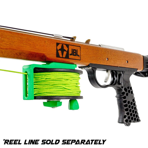 Close-up of Pacific Reel Spearfishing Profile Line Reel for Wood and Metal Spearguns on wooden speargun
