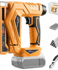 Badass Three In One Cordless Staple Gun And Brad Nailer Hella Versatile Power Tool showing orange design and battery compatibility.