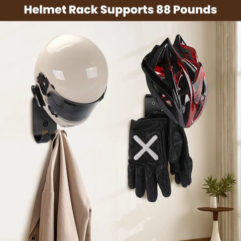 Heavy Duty Helmet Wall Mount And Gear Organizer Rack Built From Solid Wood And Steel 2 Sturdy Hooks To Hang Helmets Hats Jackets