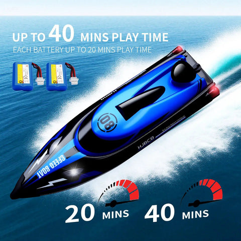 Top view of blue Beast 14 Inch RC Boat For Lakes And Pools With Dual 1100mAh Batteries, Speeds Up To 25 Kph, shown with batteries.
