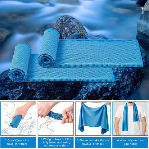 Must Have 4 Pack Cooling Towels 40x12 Inches Microfiber Ice Towels for yoga running gym sports in blue, displayed rolled and unrolled
