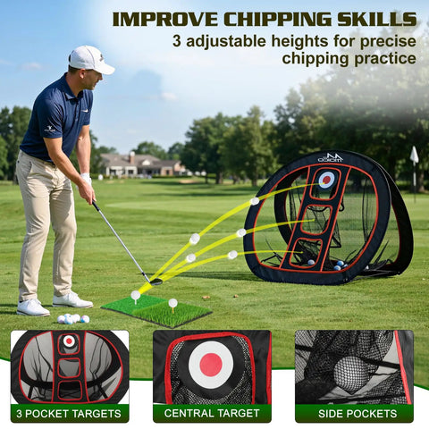 Golfer using Pop Up Golf Chipping Net With Three Front Target Zones And Double Sided Training for precision practice outdoors